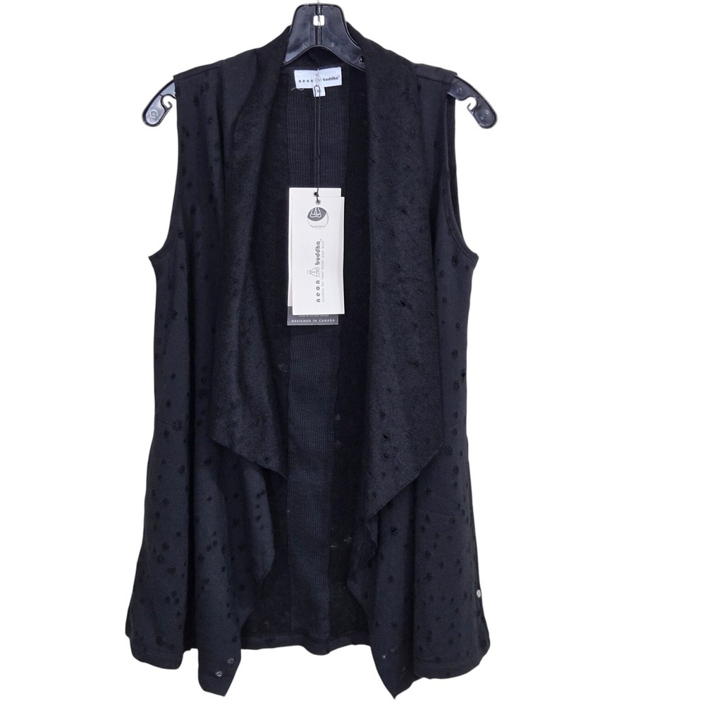 Neon Buddha Sweater Vest Womens XS Black Perforated Waterfall Front Cotton NEW